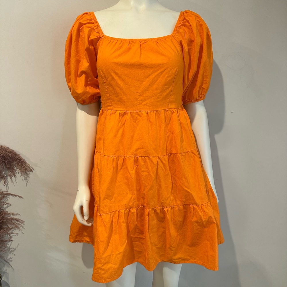Sim & Sam Orange Puff Sleeve Tiered Mini Dress – 100% Cotton XS